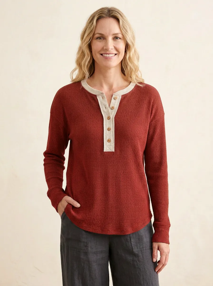 Women's Waffle-Knit Ribbed Button-Front Long-Sleeve Henley Shirt