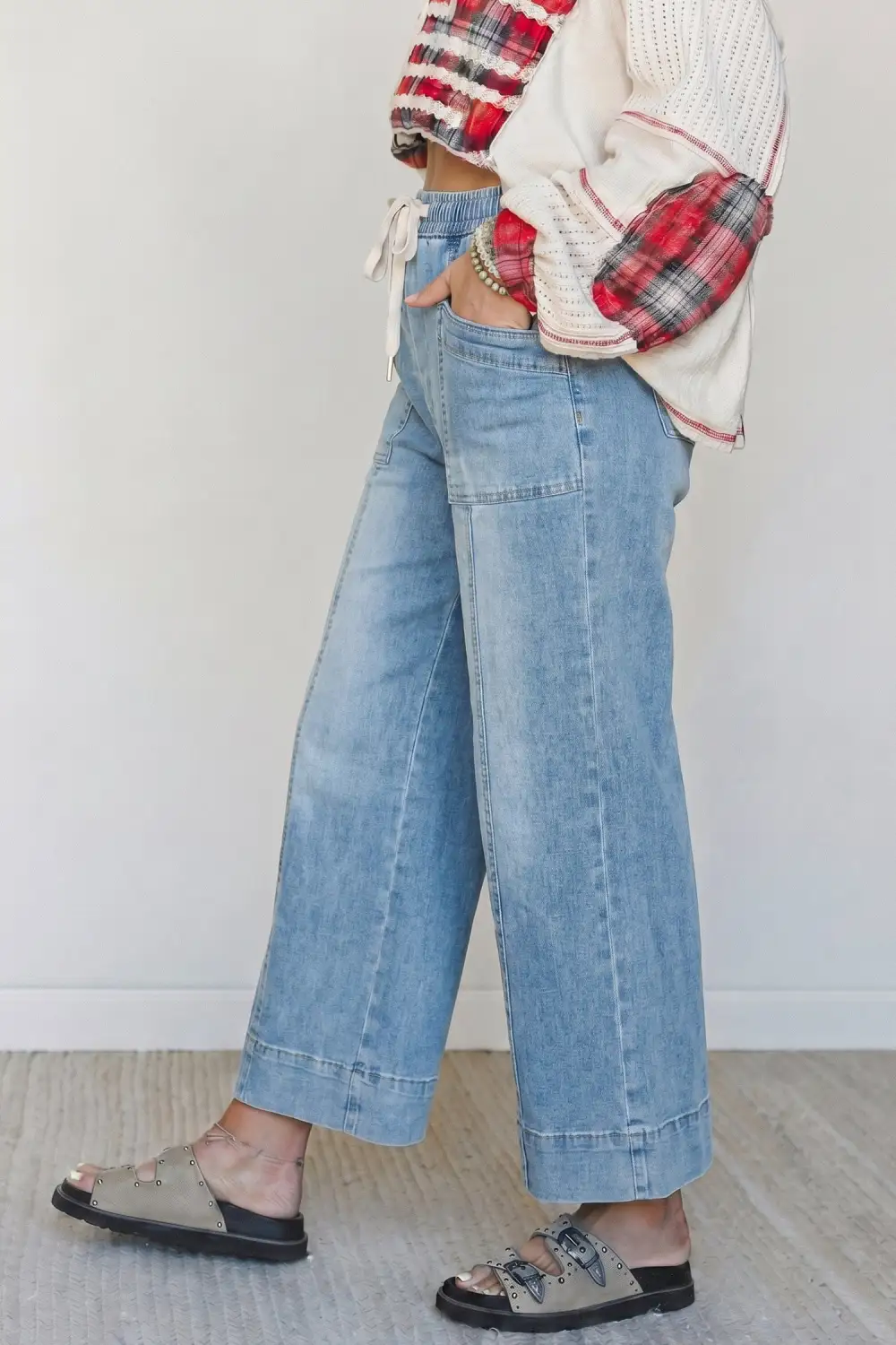 Women's Drawstring Waist Wide Leg Ankle Length Jeans