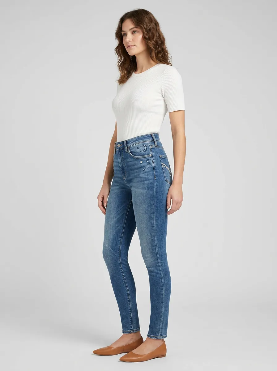 Women's Celestial Lover Moon Star Embroidered Graphic Slim Jeans