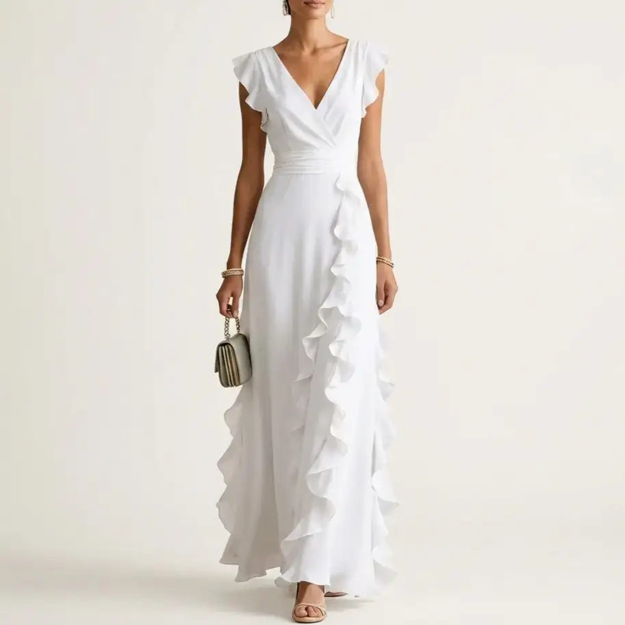 Women's Flutter Sleeve Vertical Ruffle Formal Dress