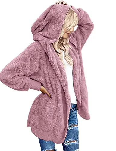 Womens Fuzzy Fleece Open Front Hooded Cardigan Jackets Sherpa Coat with Pockets