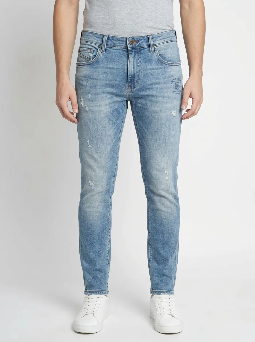 Men's Vintage Emblem Distressed Light Wash Printed Slim-Fit Jeans