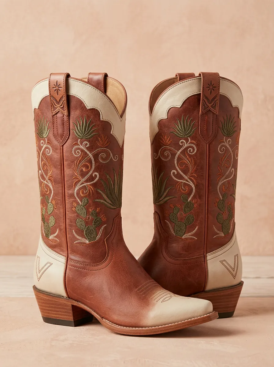 Ranch Cactus Floral Embroidered Look Unisex Western Cowboy Boots