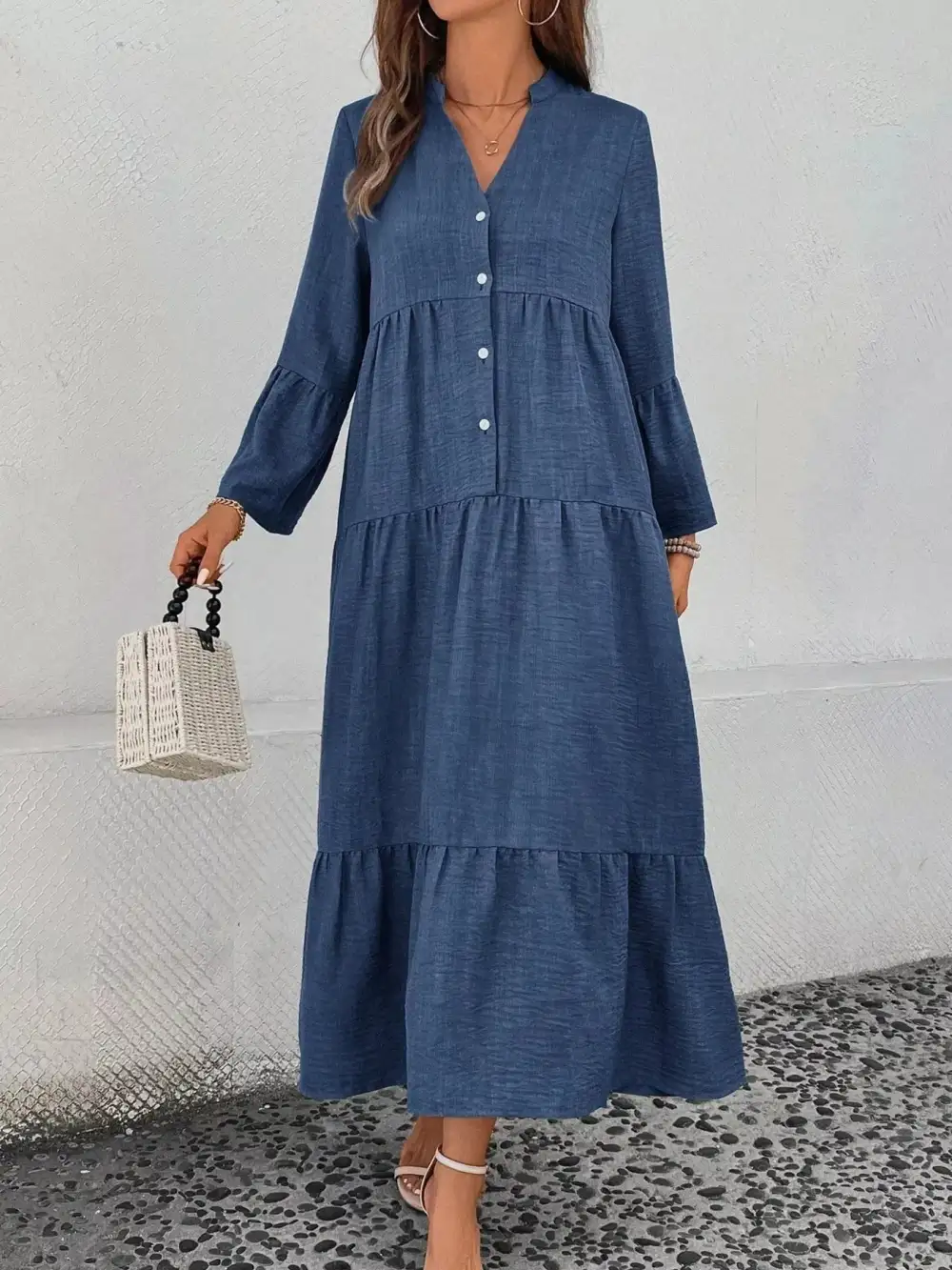 Button Front Ruffle Tiered Dress Casual