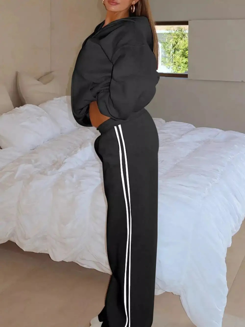 Zip Up Hoodie and Striped Pants Set