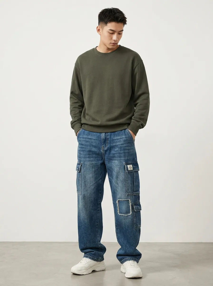 Men's Streetwear Patchwork Denim Multi-Pocket Cargo Jeans