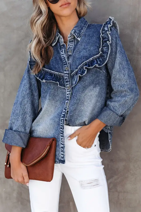 Women's Denim Button Front Ruffled Blouse