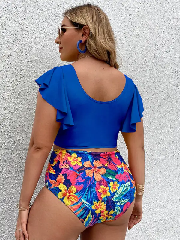 Plus Size Falbala V Neck Bikini Swim Set