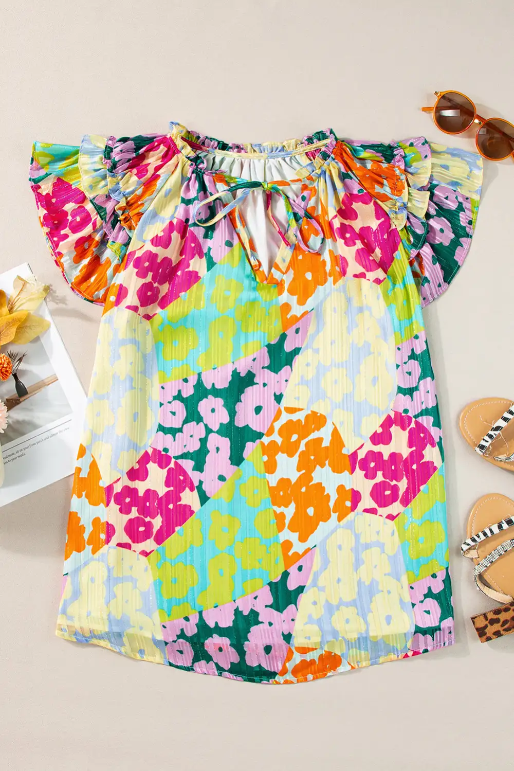 Multicolour Leopard  Sleeve V Neck Crinkled Blouse