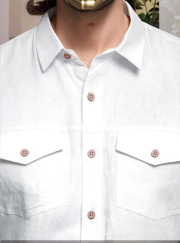 White Linen Double-Pocket Short Sleeve Shirt