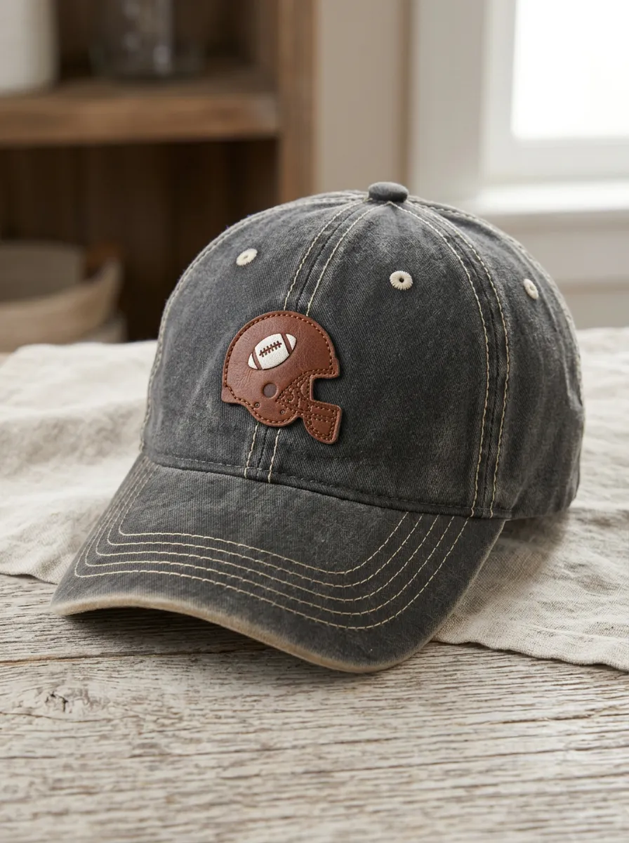 Unisex Football Fan Leather Helmet Patch Washed Cotton Cap