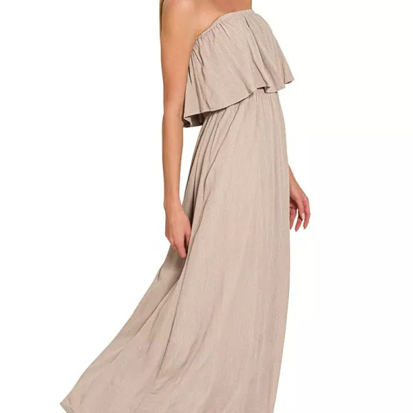 Elegant Woven Crinkle Strapless Maxi Dress