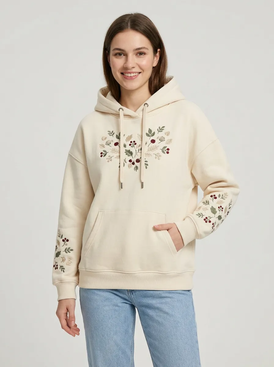 Women's Botanical Floral Berry Embroidered Nature Inspired Fresh Style Hoodie