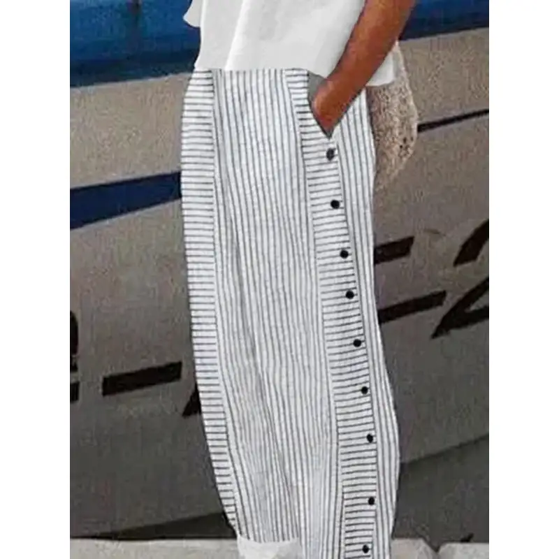 Women's Loose Fit Pocket Striped Button Detail Pants