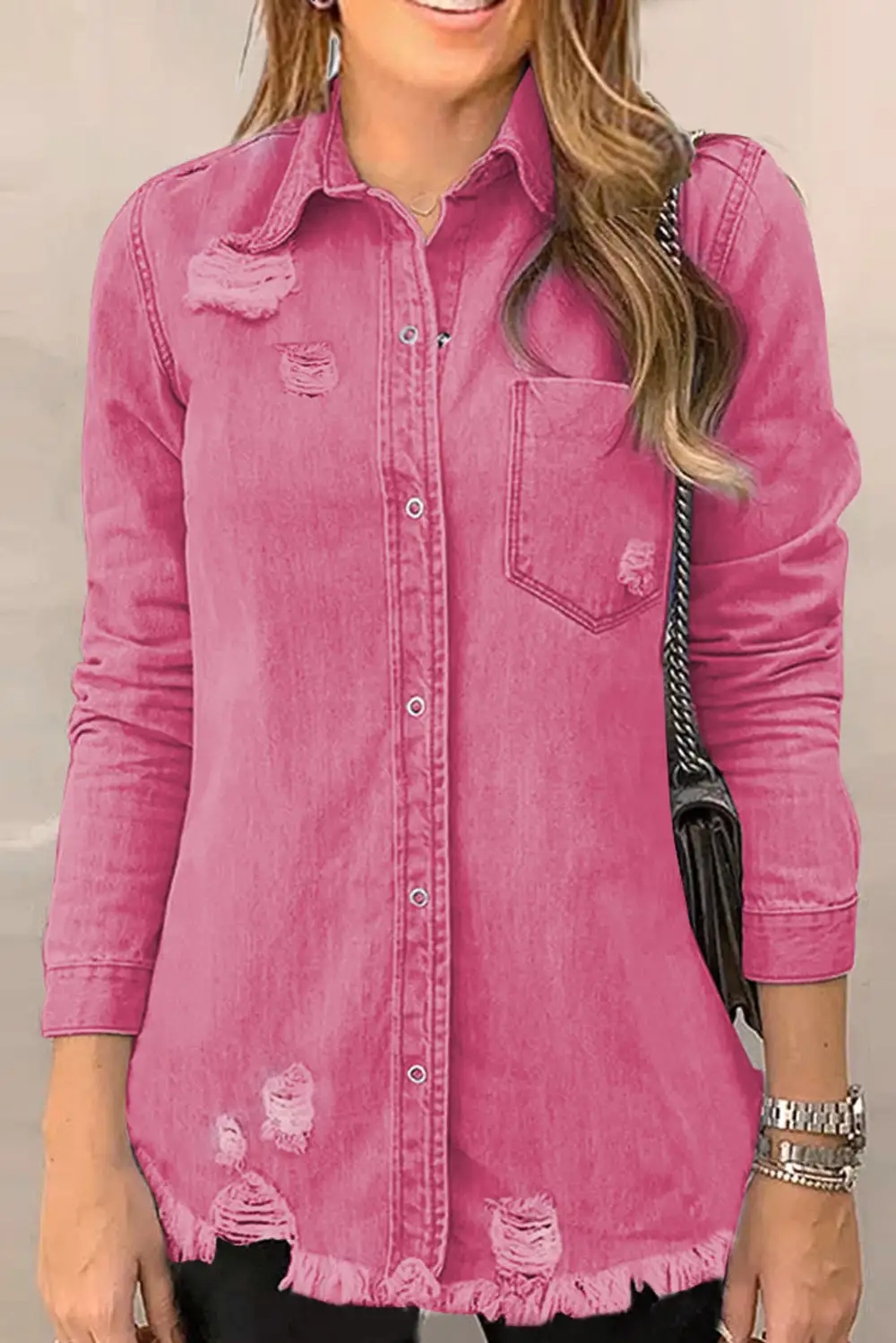 Distressed Raw-hem Snap-front Denim Jacket