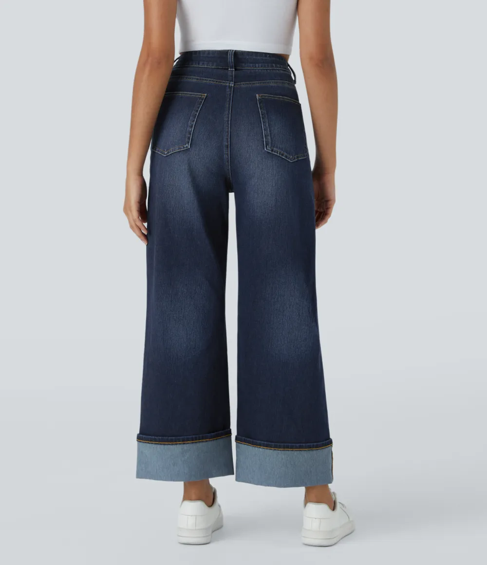 Magic High Waisted Multiple Pockets Rolled Hem Wide Leg Washed Stretchy Knit Casual Jeans