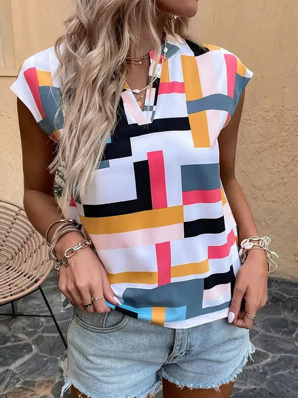 Relaxed Sleeveless Print V-Neck T-Shirt