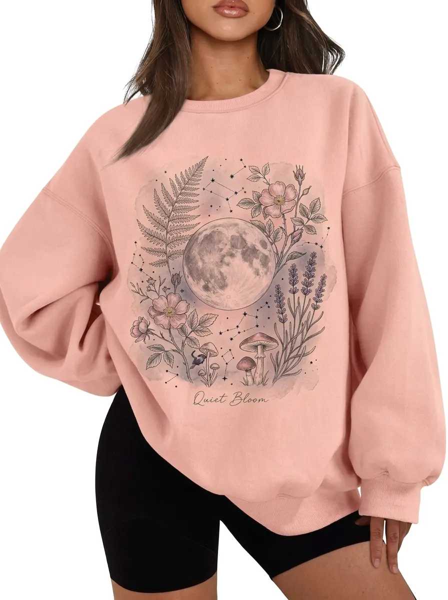 Women's Celestial Moon Mushroom Floral Graphic Sweatshirt