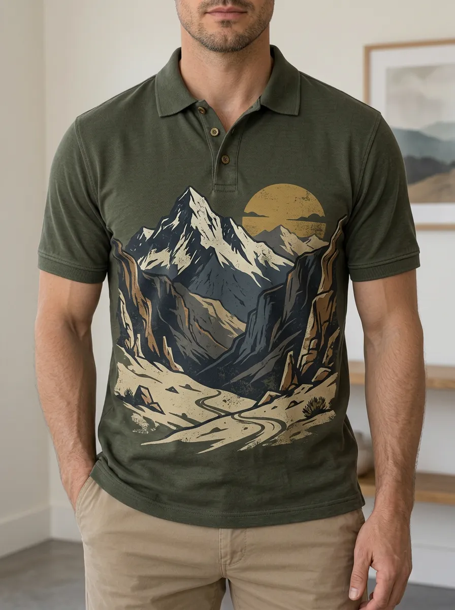 Men's Outdoor Adventure Mountain Sunset Printed Polo Shirt