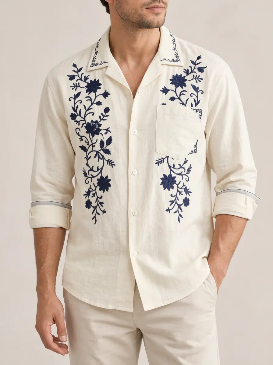 Men's Floral Embroidered Linen Blend Shirt