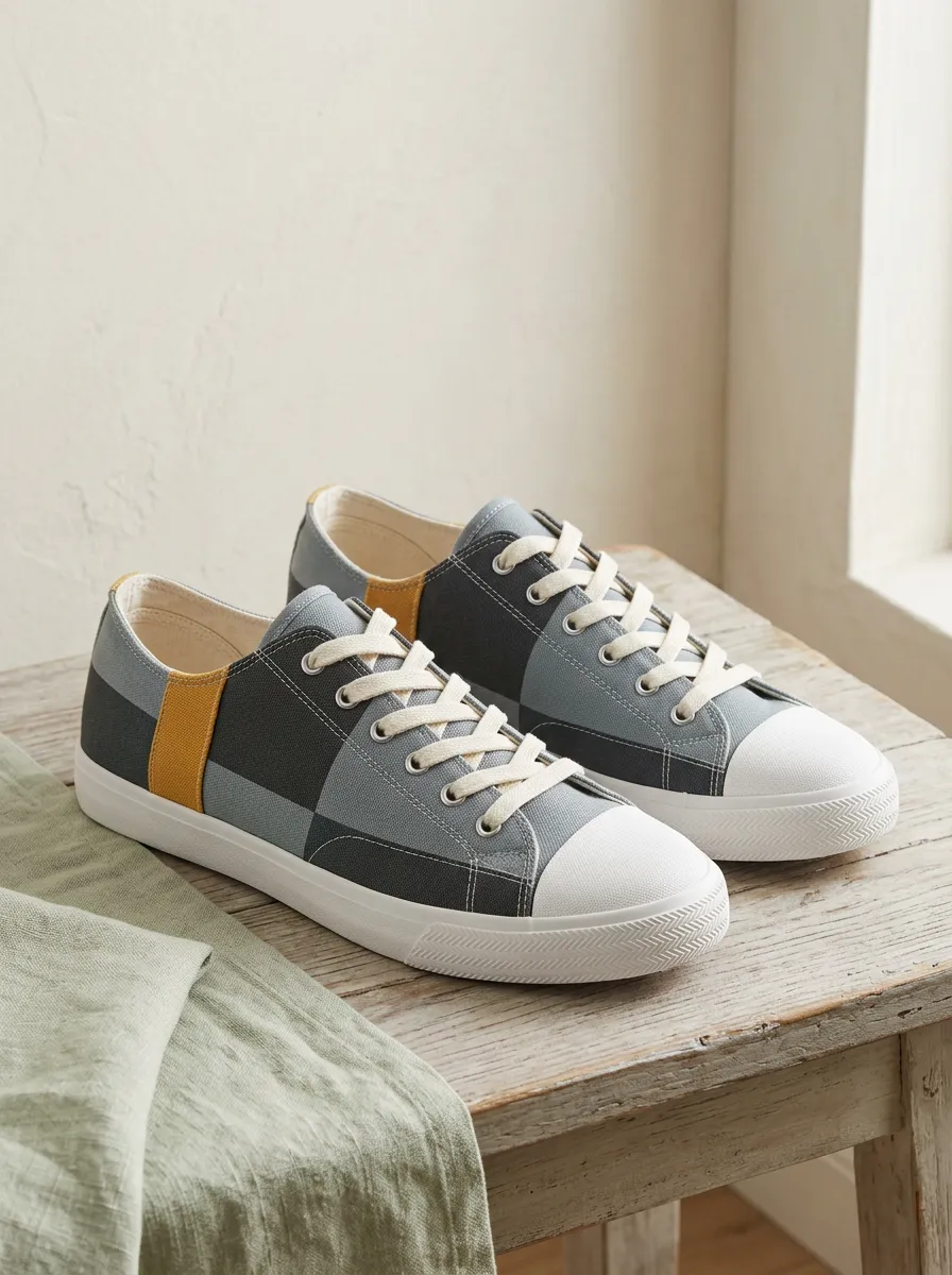 Men's Grey Yellow Colorblock Geometric Printed Canvas Shoes