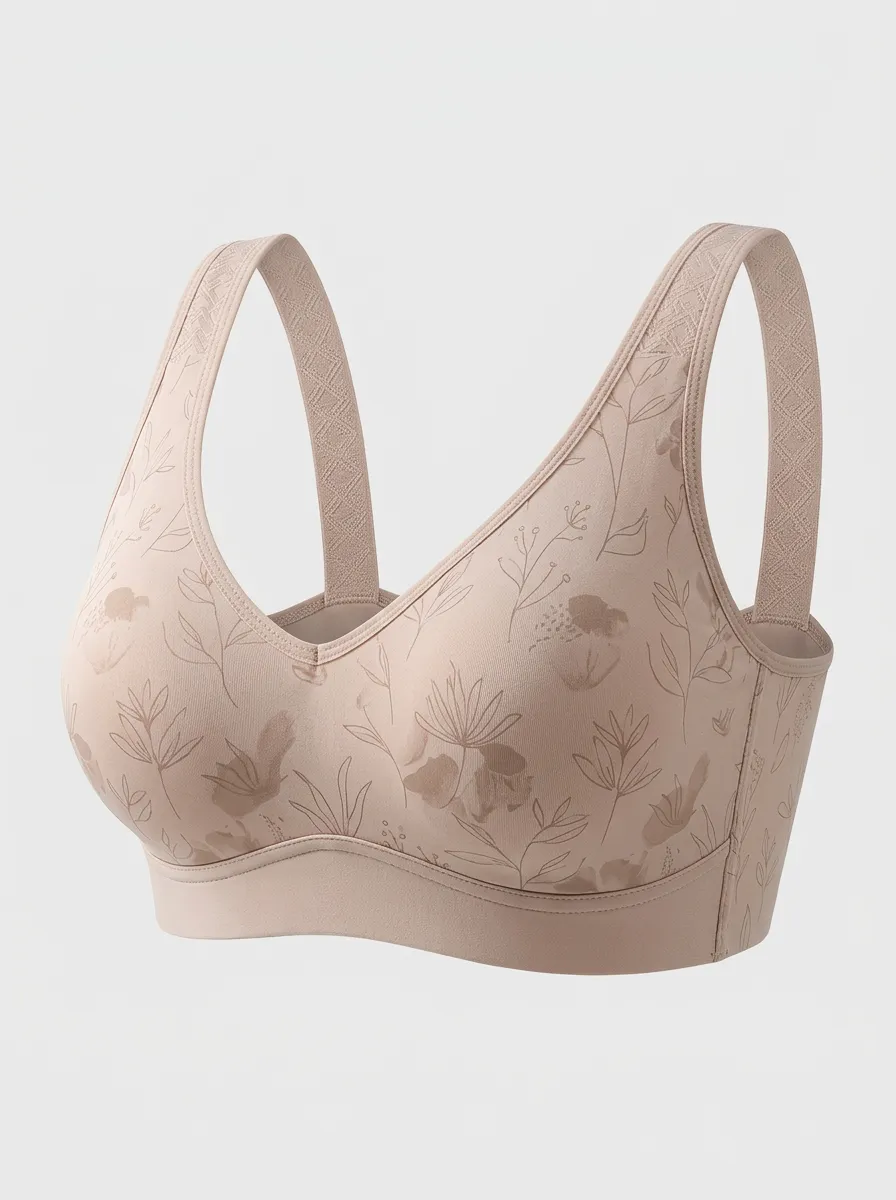 Women's Plus Size Beige Botanical Floral Full-Coverage V-Neck Wireless Bralette