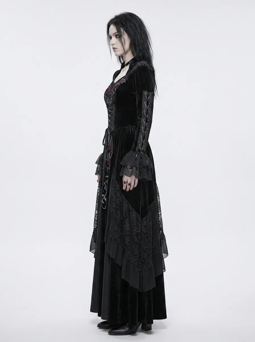 Women's Gothic Bat Rose Embroidery Printed Velvet Dress