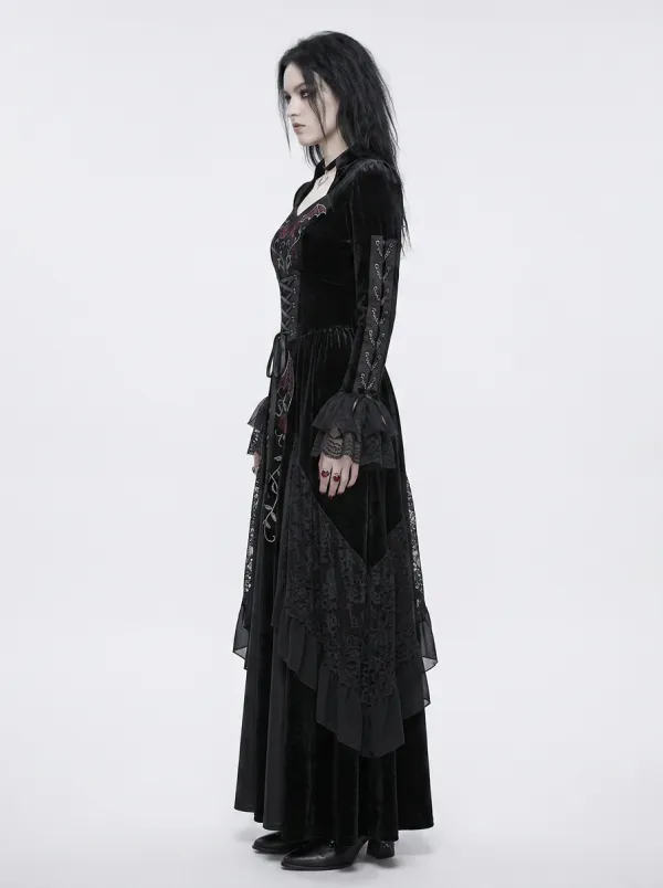 Women's Gothic Bat Rose Embroidery Printed Velvet Dress