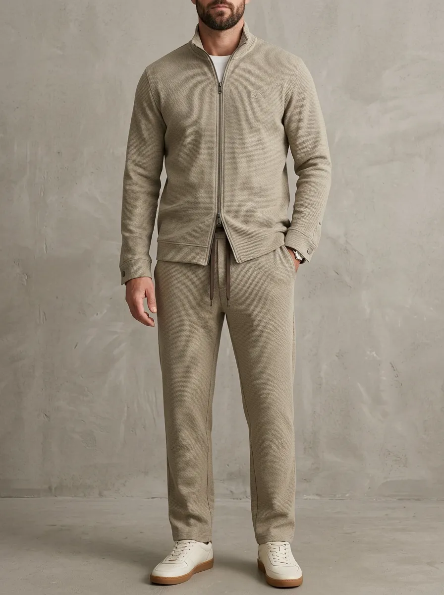 Modern Waffle Knit Zip-Up Jogger Pants Collection Men's Long Sleeve Top and Pants Two Piece Set