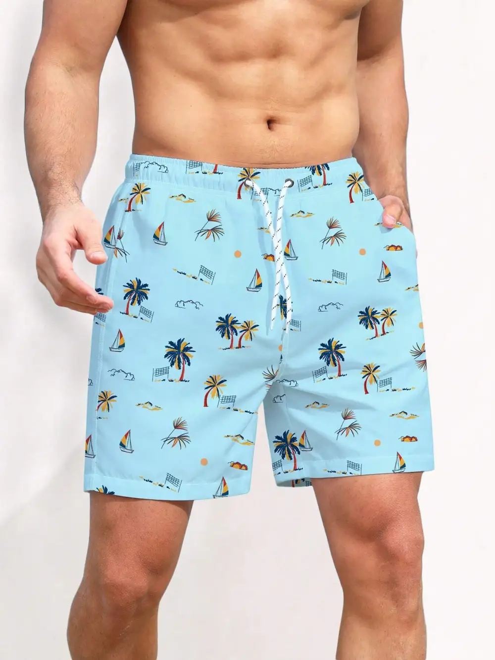 Men's Tropical Coconut Tree Print Pocket Swim Trunks