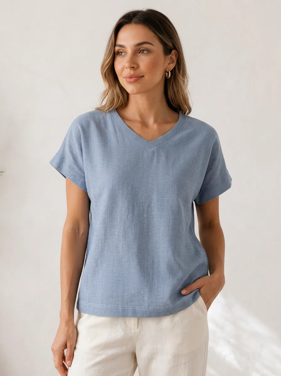 Women's Casual Minimalist Blue Ribbed V-Neck Short Sleeve Top