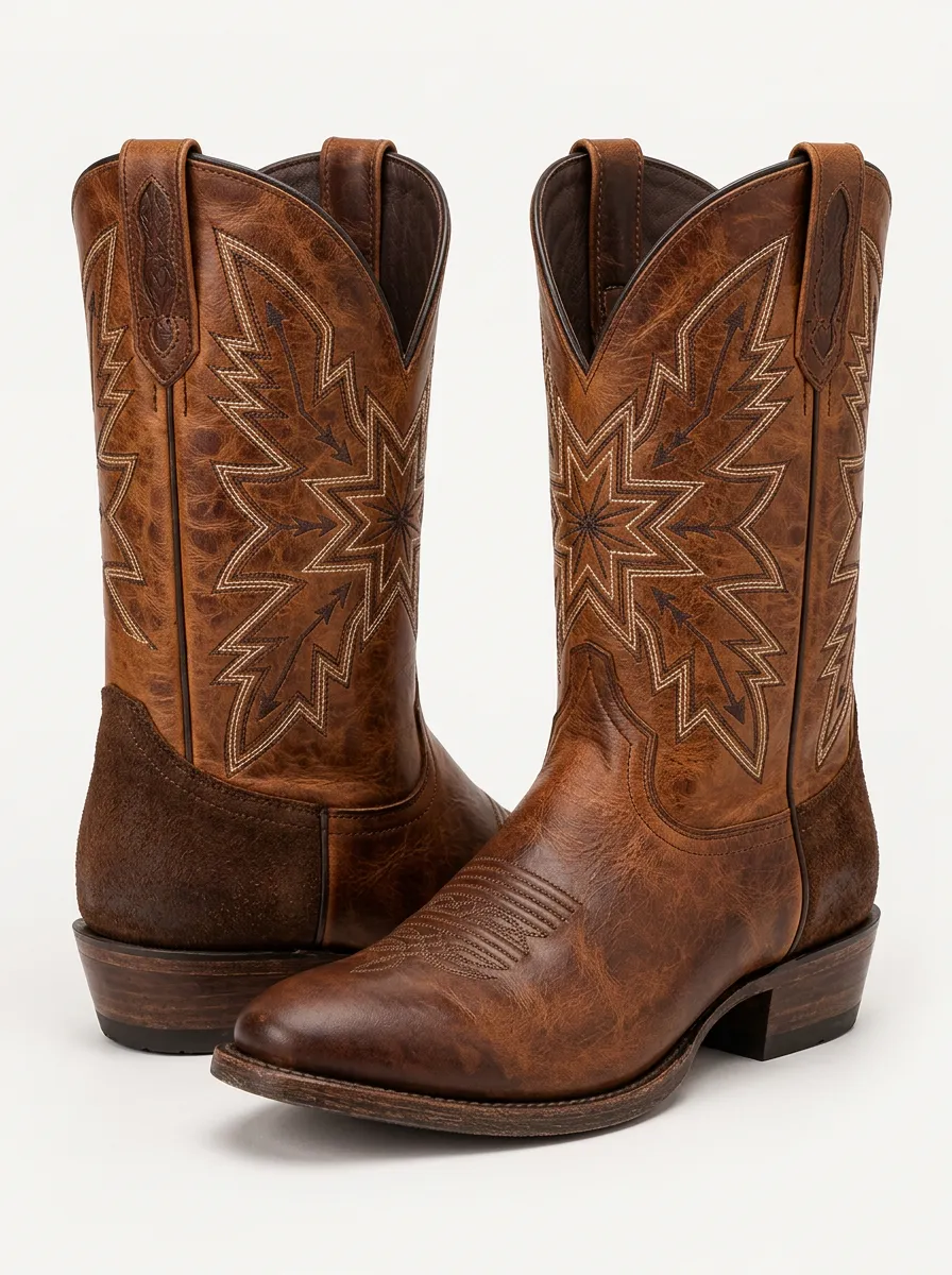 Men's Red Leather Cowboy Boots with Star Motif
