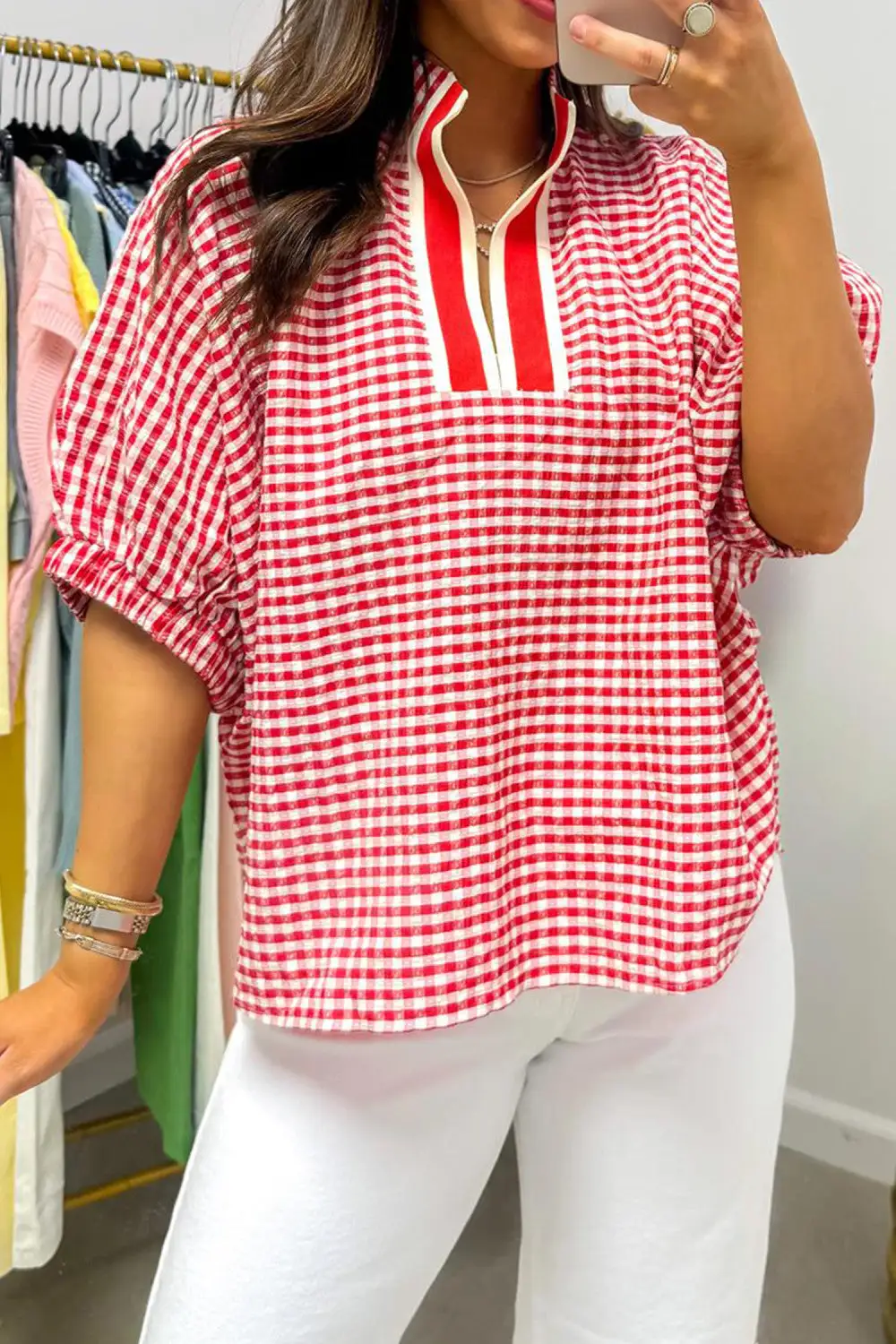 Gingham Sleeve Trim Neck Blouse