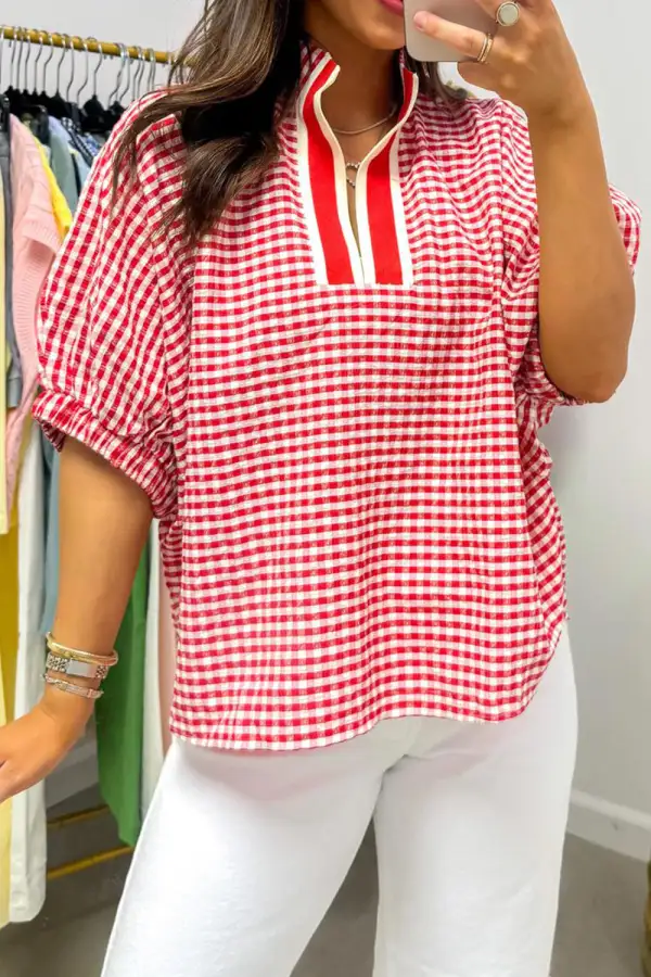 Gingham Sleeve Trim Neck Blouse