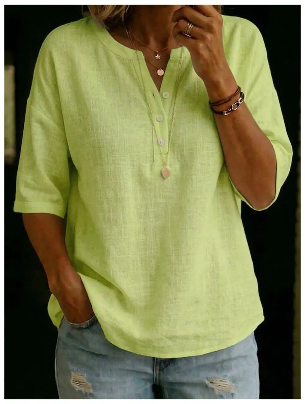 Linen V Neck Loose Shirt