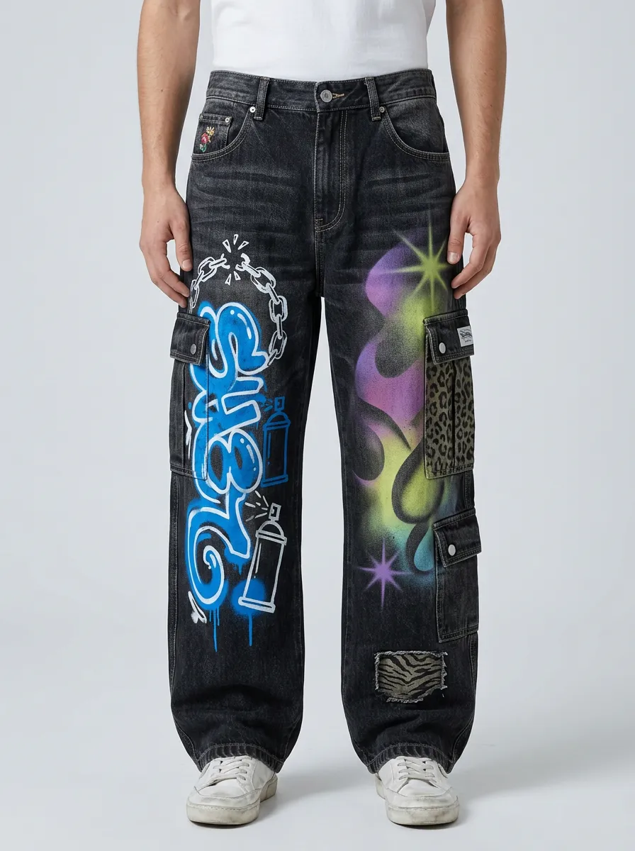 Men's Streetwear Graffiti Flame Leopard Graphic Cargo Jeans