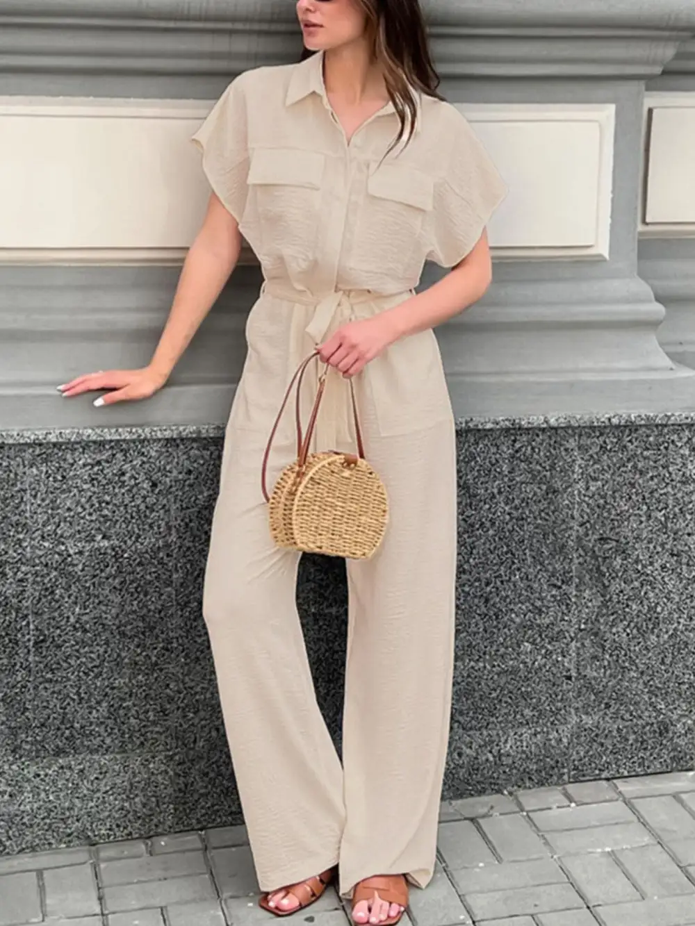 Chest Pocket Short Sleeve Wide Leg Shorts