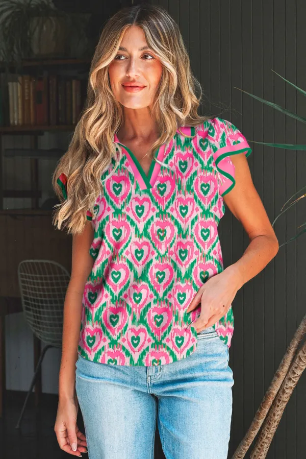 Green Abstract Heart In Print Blouse