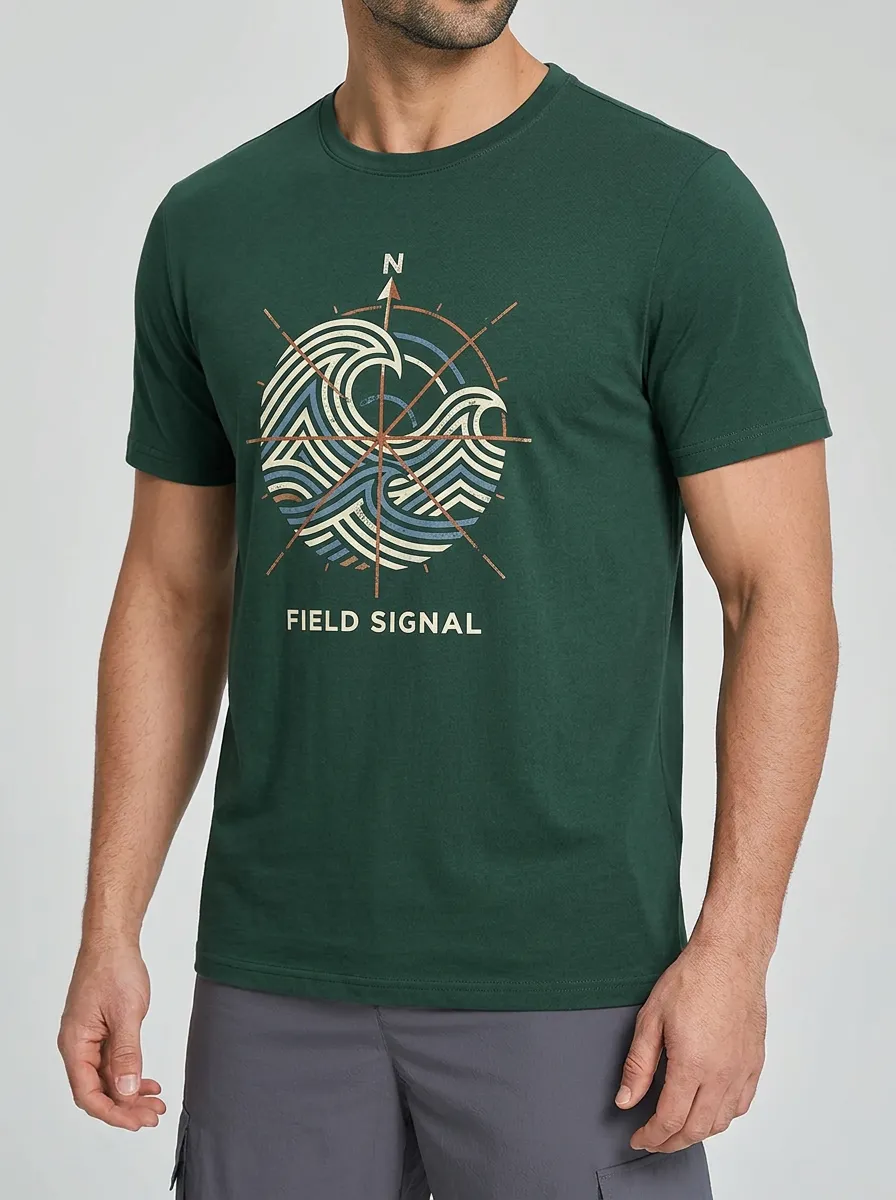 Men's Nautical Compass Wave Field Signal Printed T-shirt