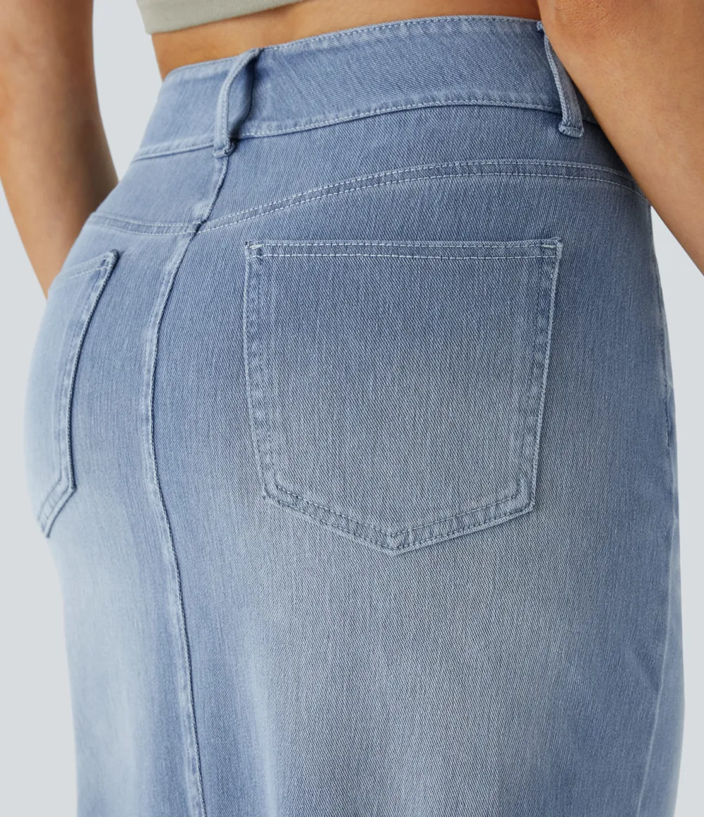 Magic High Waisted Multiple Pockets Bodycon Split Washed Stretchy Knit Denim Casual Midi Skirt