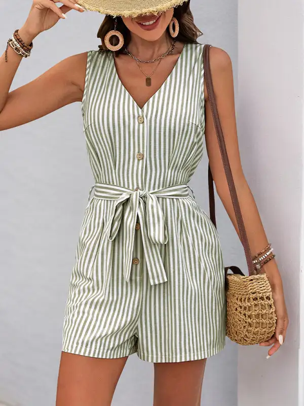 V Neck Sleeveless Striped Jumpsuit