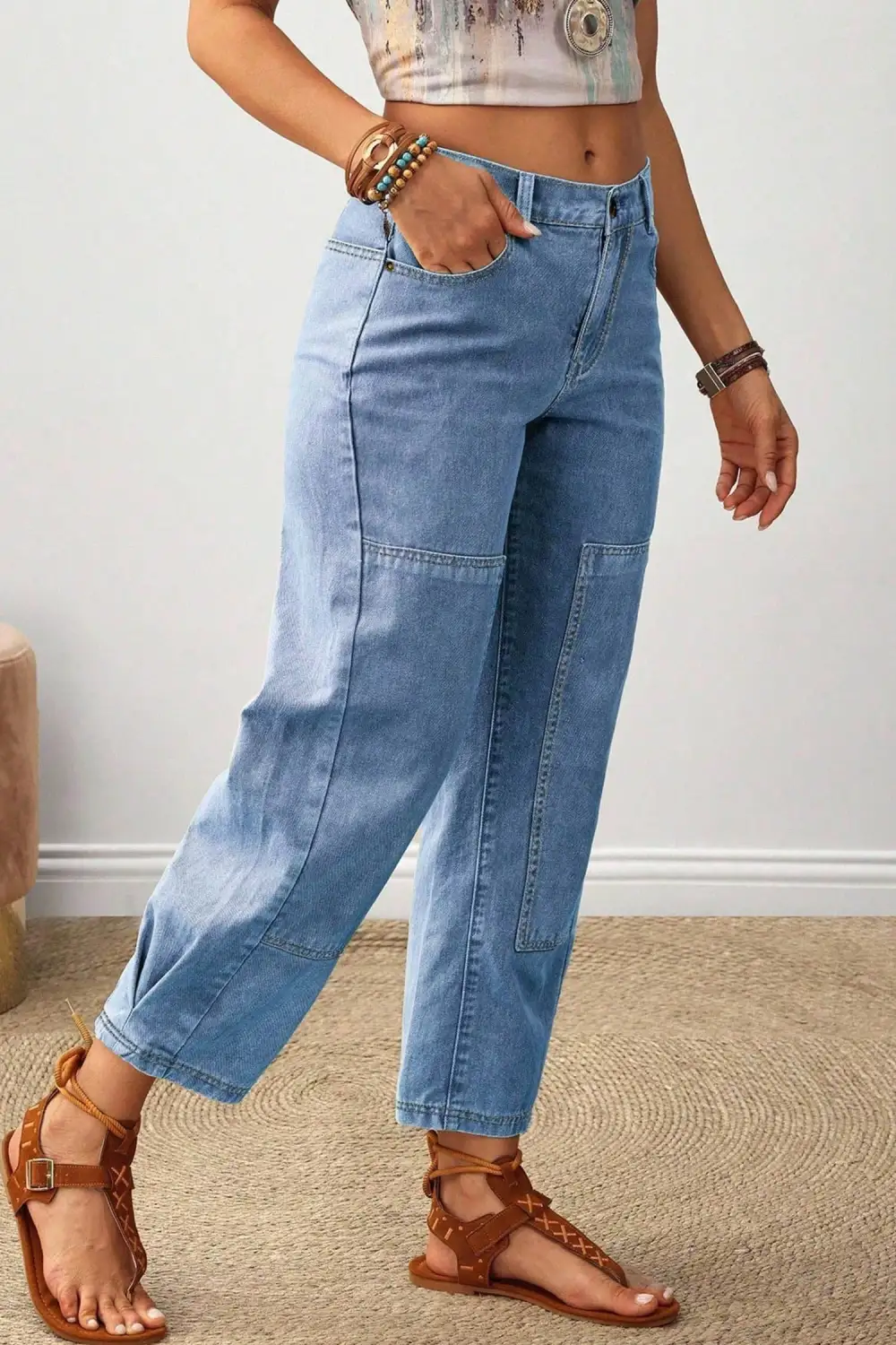 Women's Decorative Seam Patchwork Detail Solid Jeans