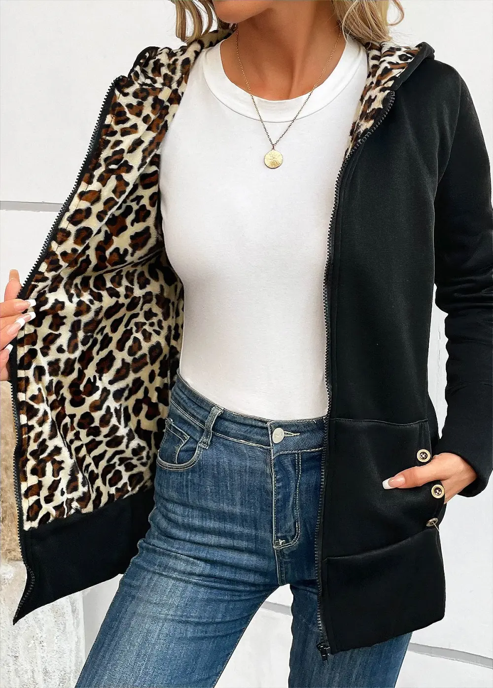 Black Zipper Leopard Long Sleeve Hooded Coat