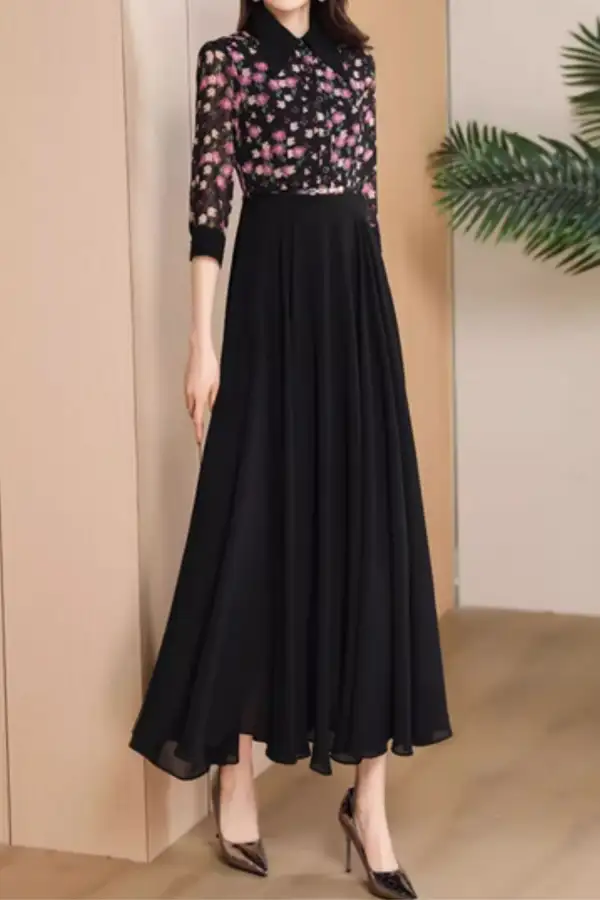 Floral Polyester Lapel Collar Three Quarter Sleeve Maxi Dress