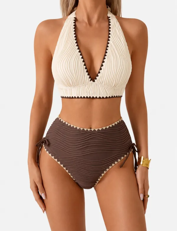 Color Block Wavy Textured Halter High Waist Bikini Set
