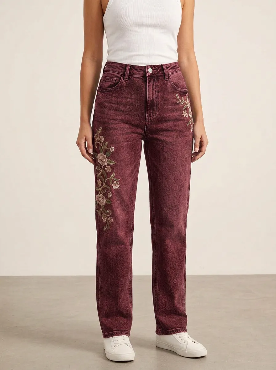 Women's Floral Lover Vintage Embroidered Printed Straight Jeans