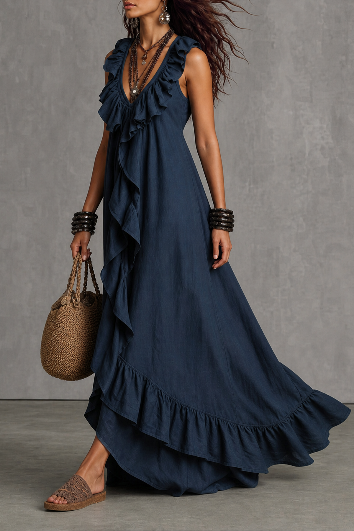 Classic Plunge Neck Ruffle Maxi Dress