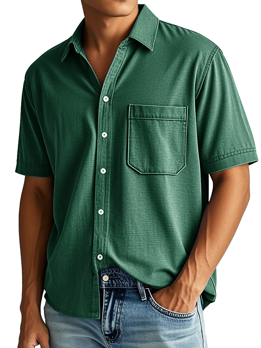 Clean Cut Short Sleeve Open Collar Pocket Shirt
