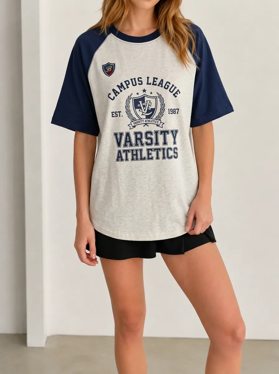 Women's Campus League Varsity Athletics Graphic Printed Raglan T-shirt