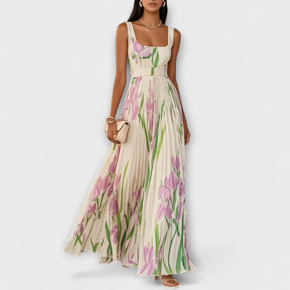 Floral Pleated Chiffon Maxi Dress